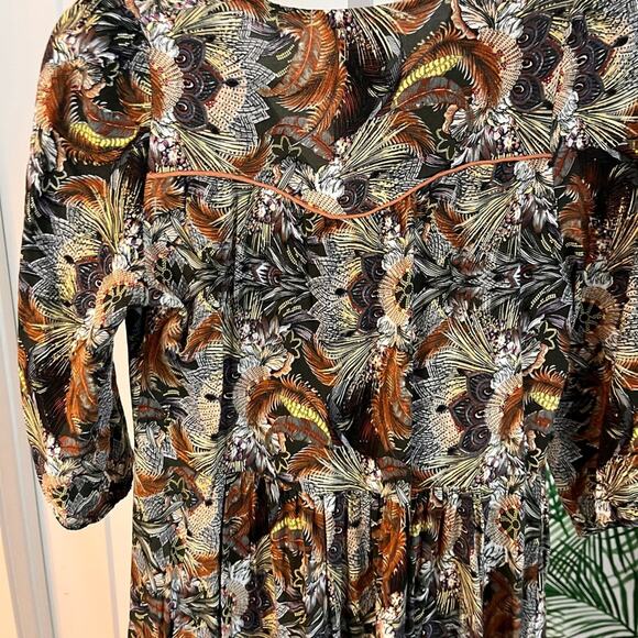 Anthropologie Jaase Feather Print Midi Dress Small Boho Coastal Cowgirl - Picture 6 of 10